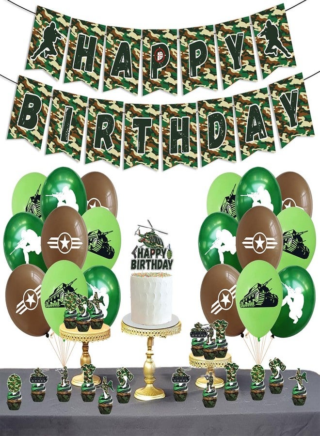 OULUN Army Military Theme Banner Set,Army Soldier Birthday Party Decorations, Camo Hero Theme, Balloons, Banner, Cupcake Toppers Green Camouflage Decorations for Military Soldier Themed Party - Image 5